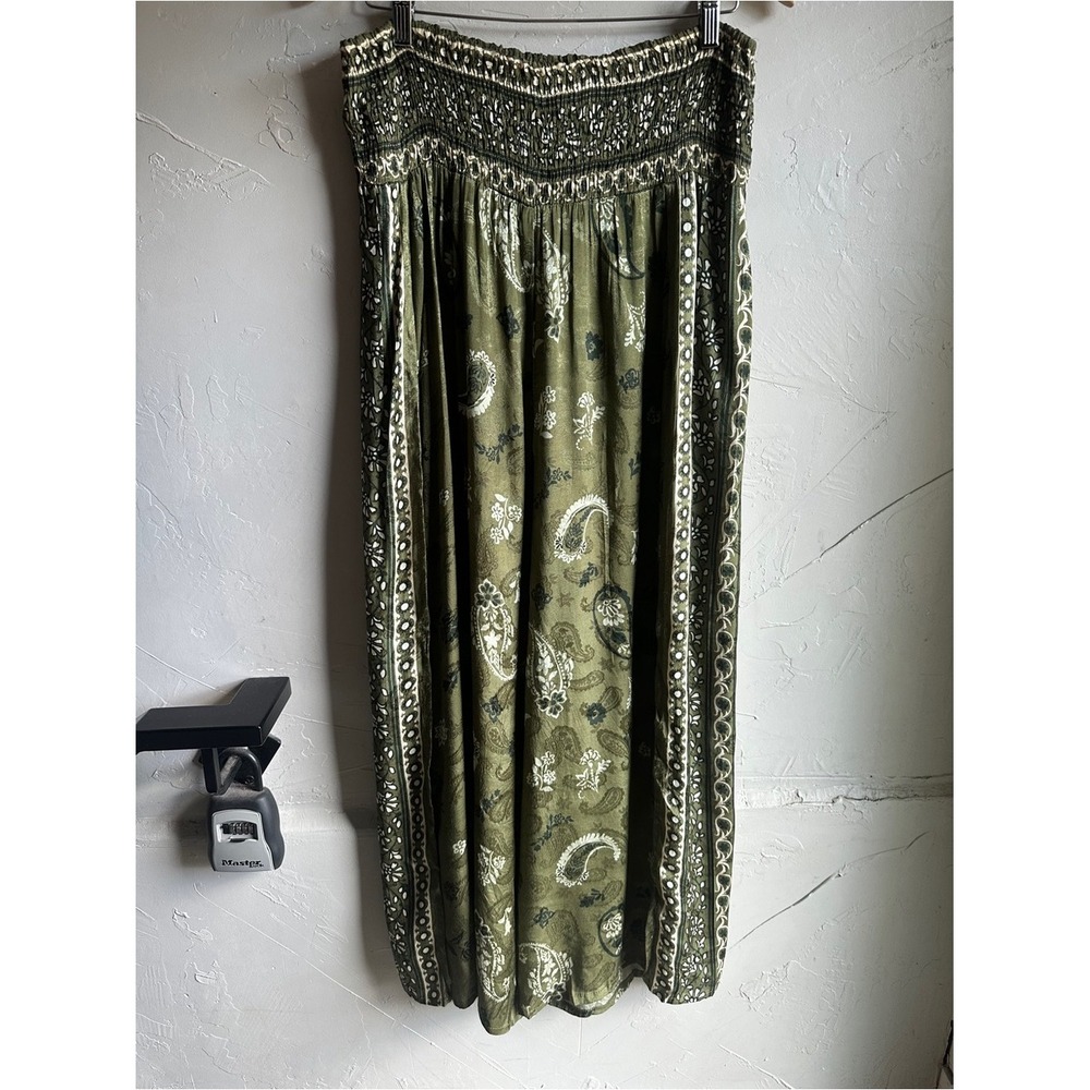 Boho Olive Paisley Open-Side Palazzo Pants Festival Earthbound L Pull On Comfy